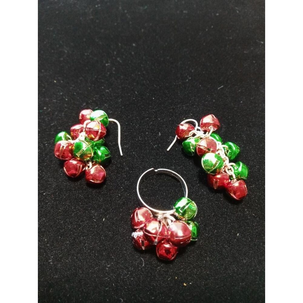 Ring & Earrings Set Christmas Bells Red Green Silver Tone Pierced Dangle Holiday